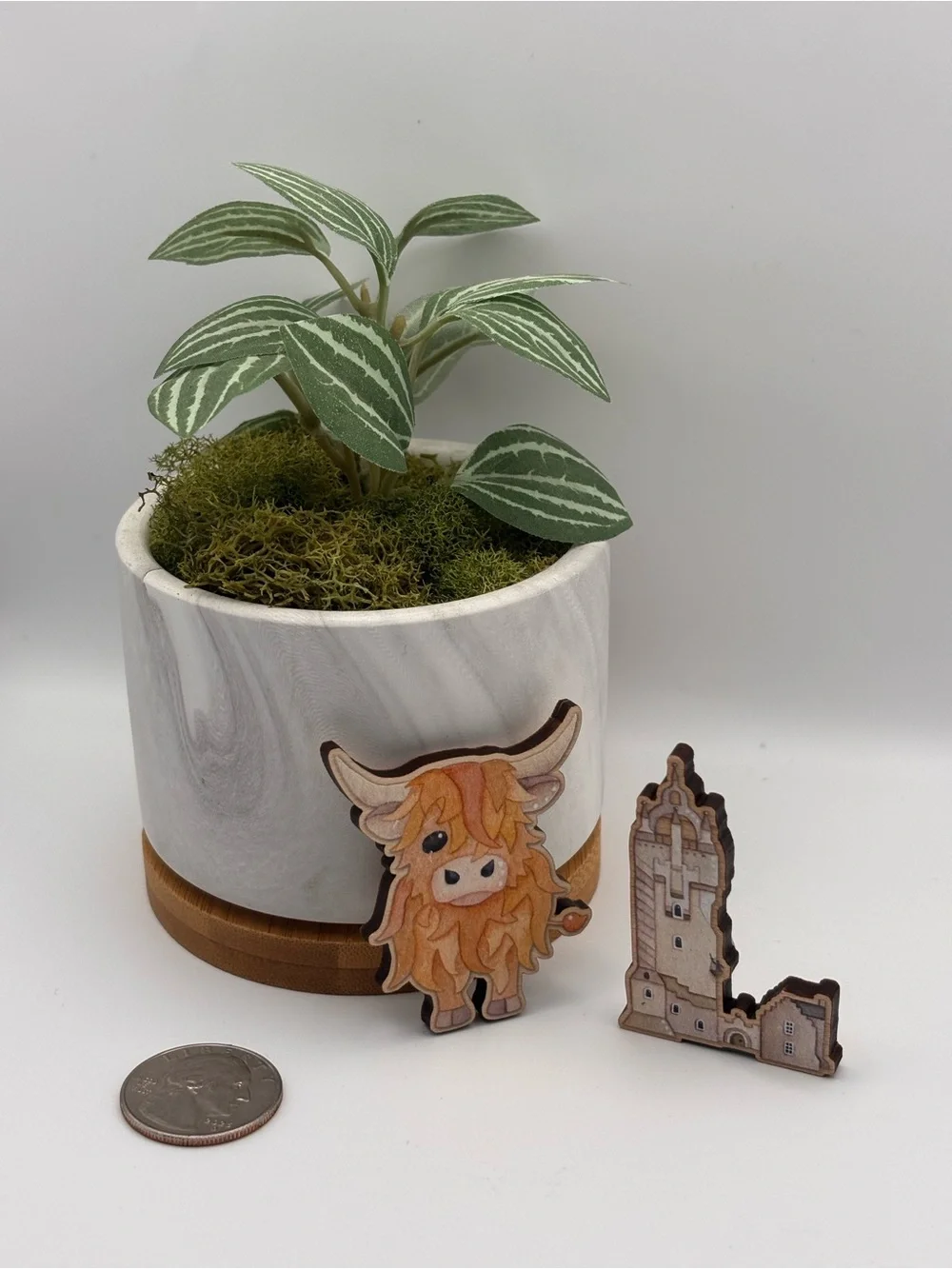 Set of 2 Laser-Cut Wooden Magnets - Scottish Highland Cow and a Castle